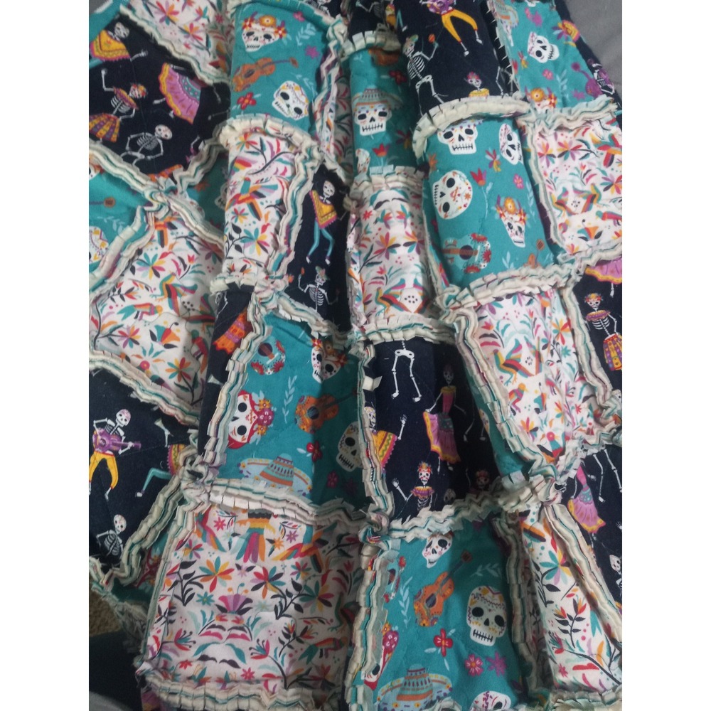 Handmade Rag Quilt, Throw - Dia de Los Muertos Theme